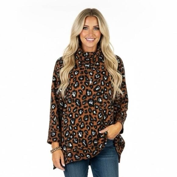 NWT Simply Southern Leopard Print Tunic Sweater Size OS Brown Cowl Neck Country - Picture 1 of 8